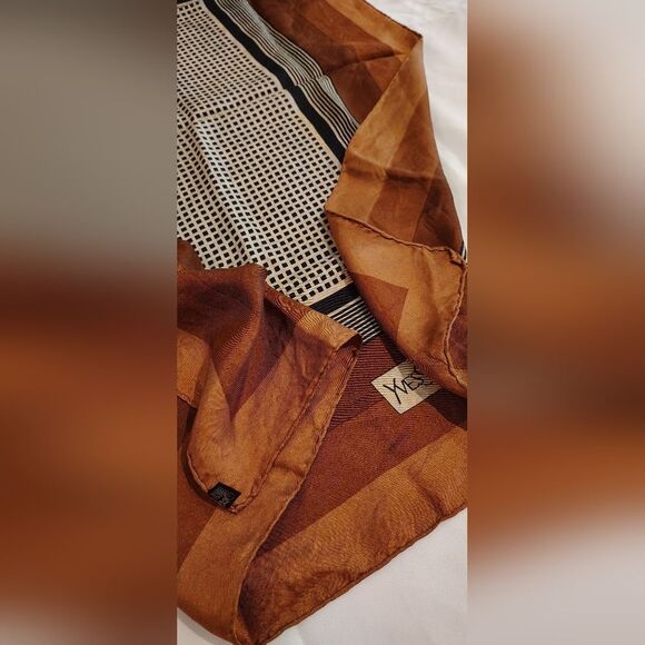 Yves Saint Laurent Vintage Brown Silk Scarf Rolled Hem - Picture 12 of 14